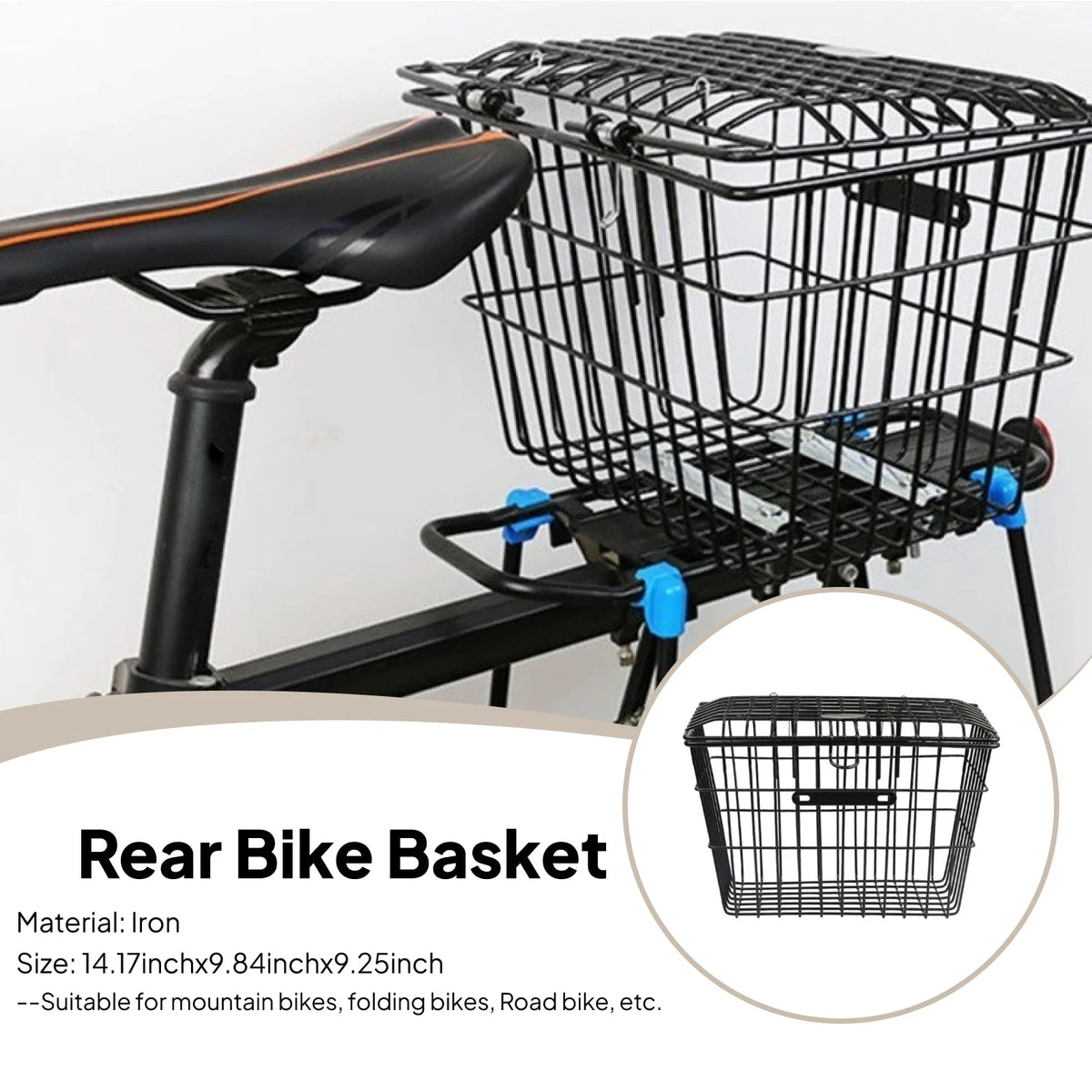 panier arrière vélo maille métallique noir clips bleus poignée moderne transport durable