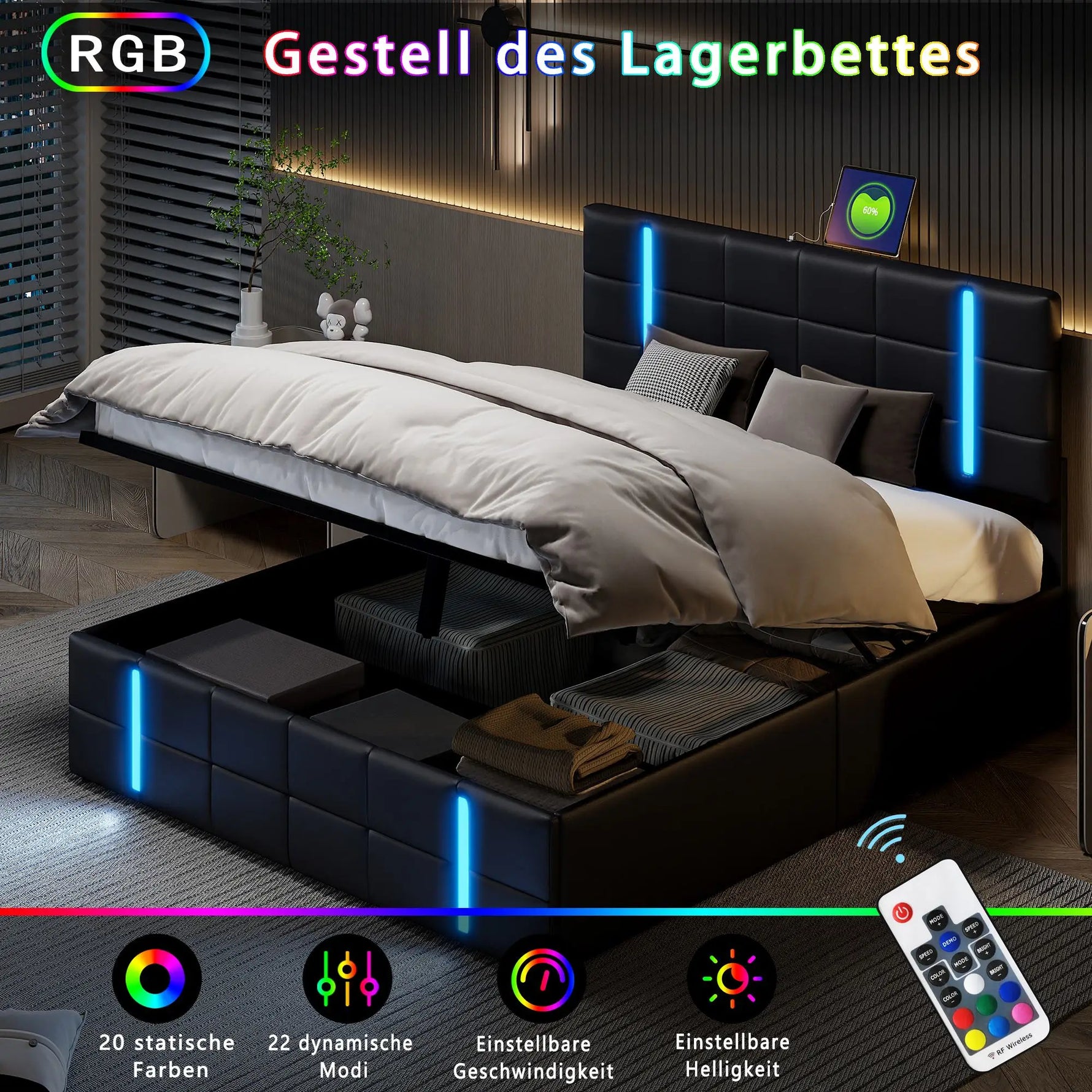 Télécommande RF pour contrôler les couleurs et modes d'éclairage LED du lit