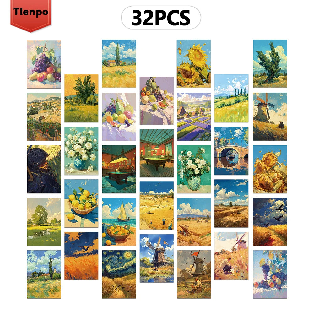 cartes postales peinture l'huile paysages fleurs motifs colorés décoration collection souvenirs chambre bleu vert