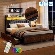 Lit double 160x200cm bois avec LED, tiroirs et port USB - Noir ou Brun vintage
