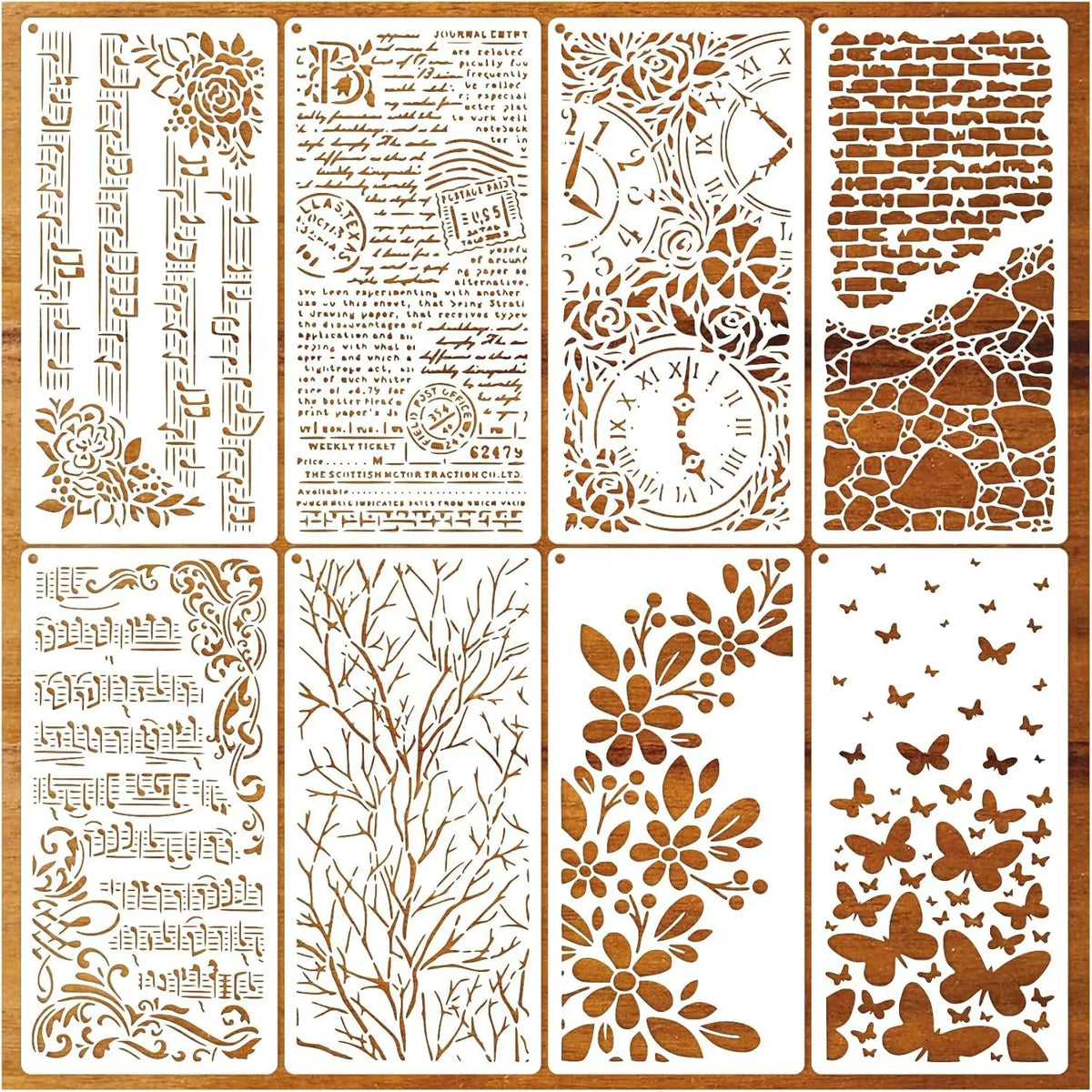 stencils peinture artisanal papillon fleur musique horloge branche brique geometrie decoration blanc