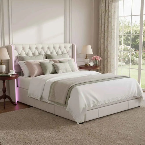 Lit double moderne avec tête de lit aile capitonnée en velours beige