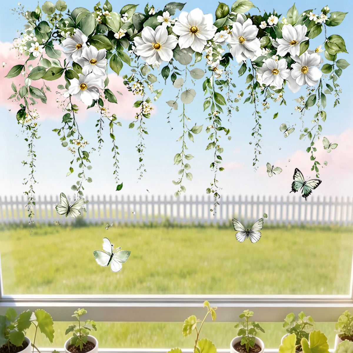 autocollant mural floral romantique fleurs blanches papillons feuilles vertes chambre salon naturel adhésif pvc