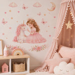 Stickers muraux princesse licorne rose blanc papillons coeurs fleurs nuages lune enfantin