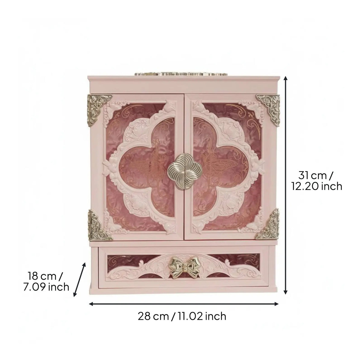 armoire bijoux blanc rose ornements floraux compartiments poignées décoratives classique baroqueversible lumière cosmétiques