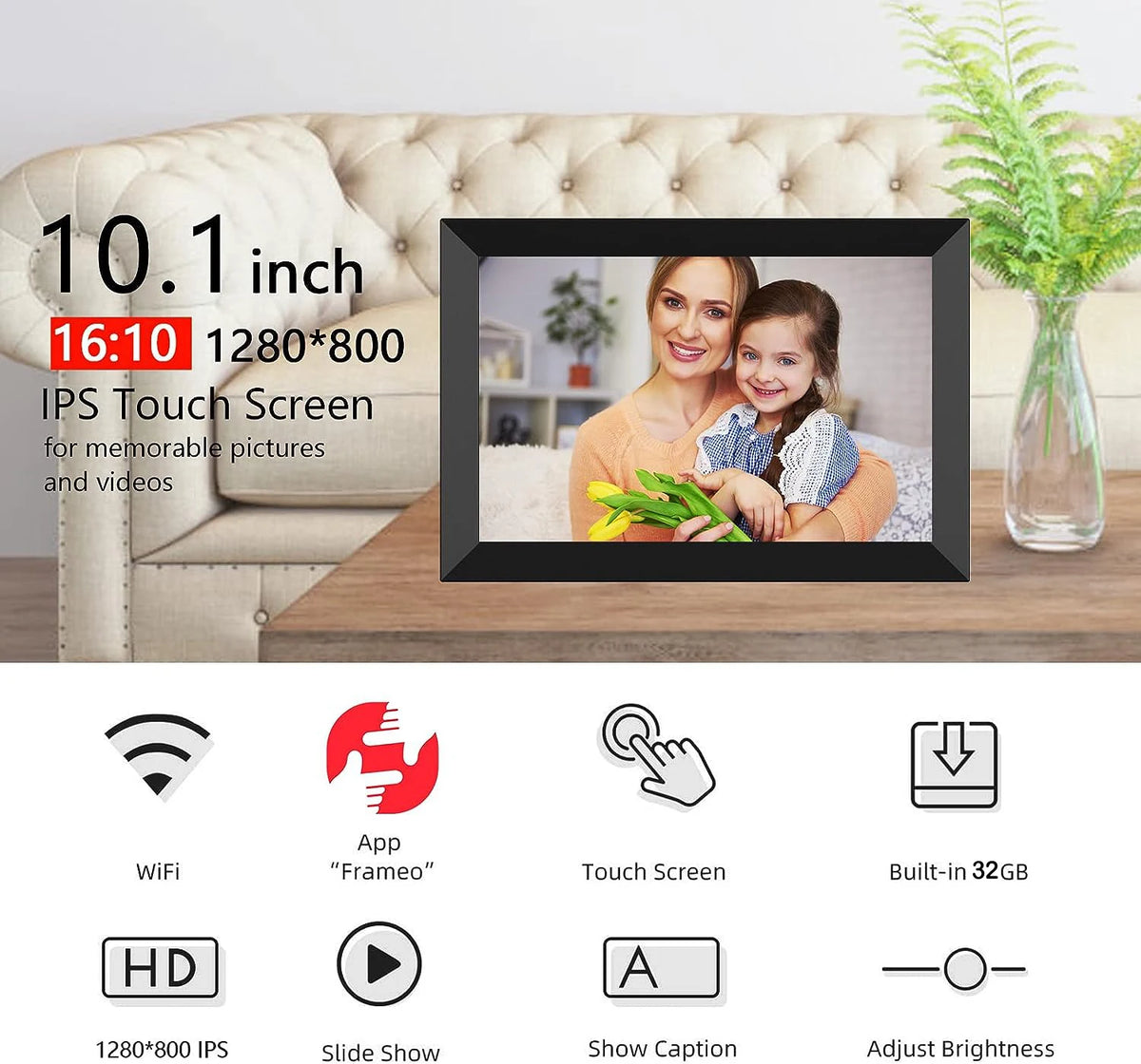 Cadre photo numérique en mode calendrier dans un salon moderne