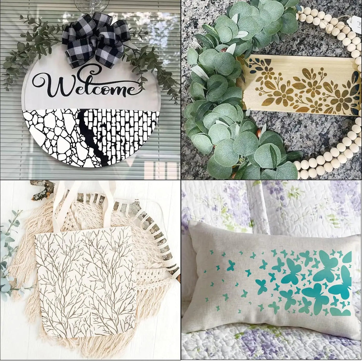 stencils peinture artisanal papillon fleur musique horloge branche brique geometrie decoration blanc