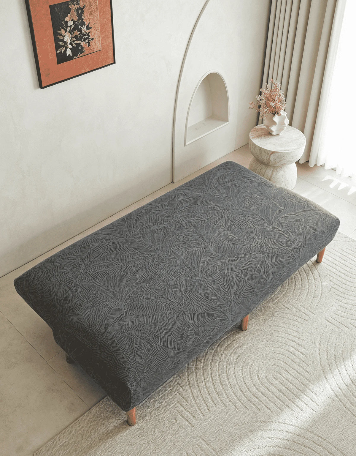 housse canapé lit couverture polyester feuilles palmier moderne gris opaque lavable machine