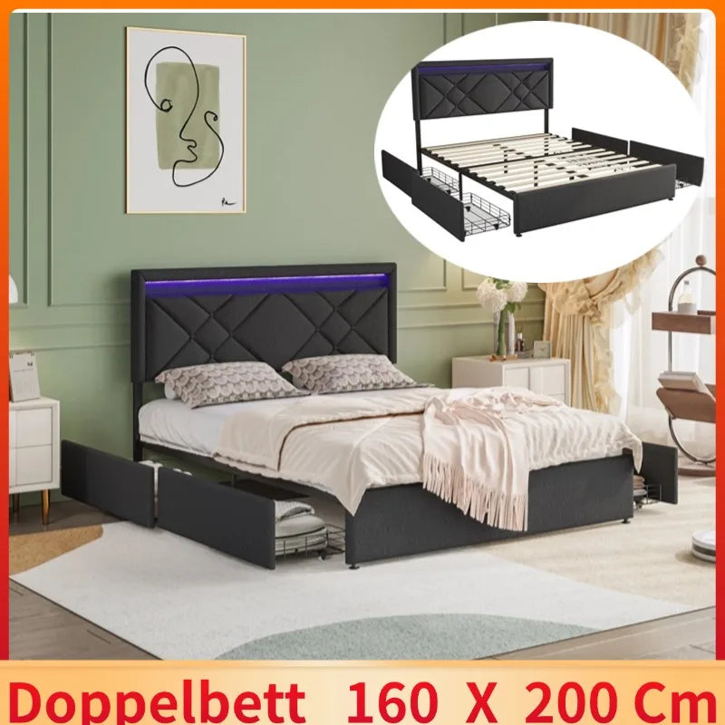 Lit double gris foncé avec tête de lit et éclairage LED