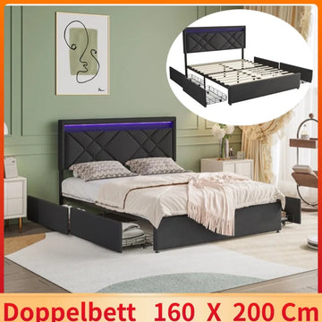Lit double gris foncé avec tête de lit et éclairage LED