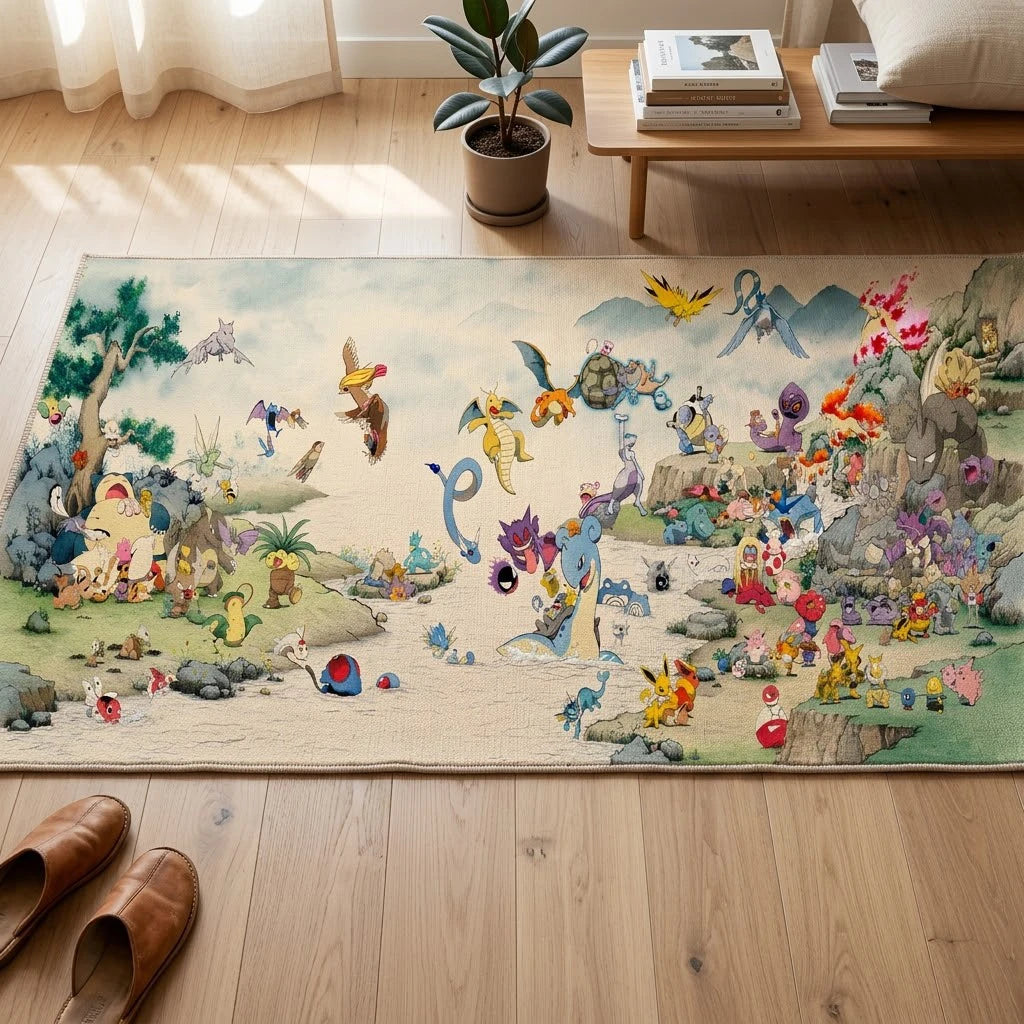 tapis animé personnages multicolore illustration moderne fond texturé pokémon luffy chambre salon