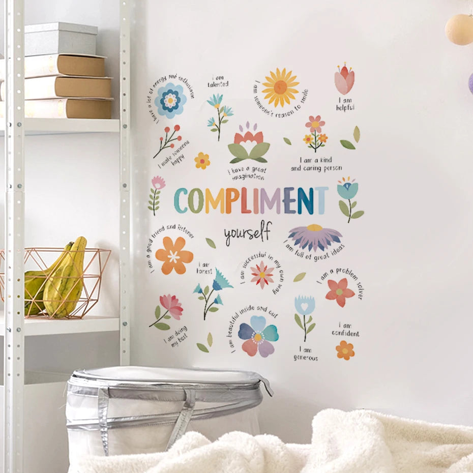 sticker mural multicolore fleurs phrases motivantes adhésif chambre enfant décoration murale positive boho