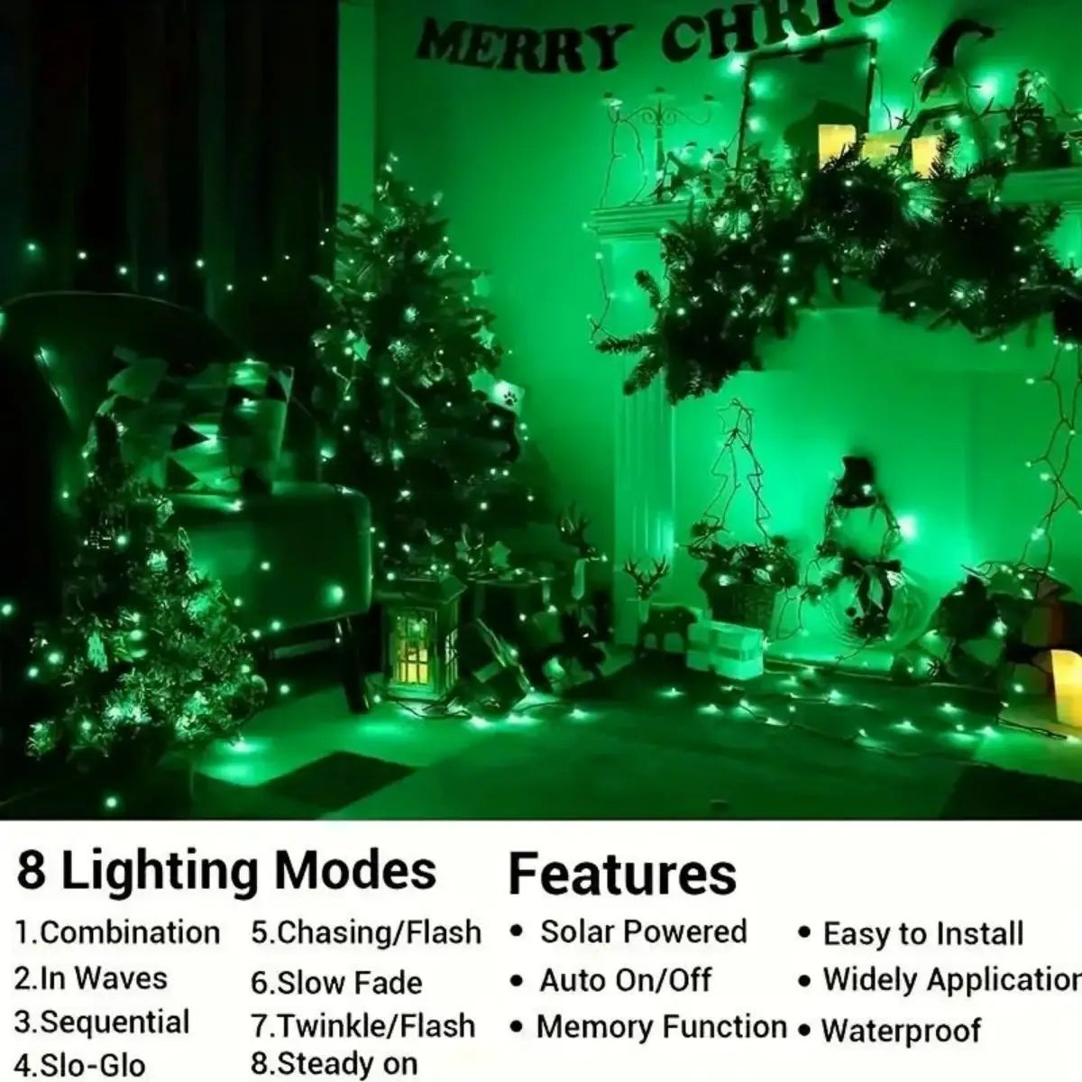 guirlande lumineuse solaire vert moderne modes d'éclairage ip65 led points lumineux panneau solaire sans