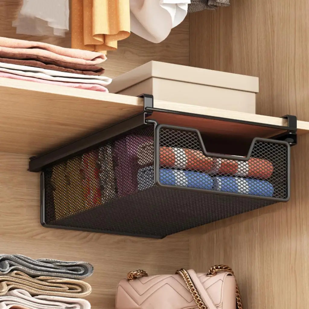 paniers rangement blanc noir maille métal coulissant clips sous armoire moderne économie place