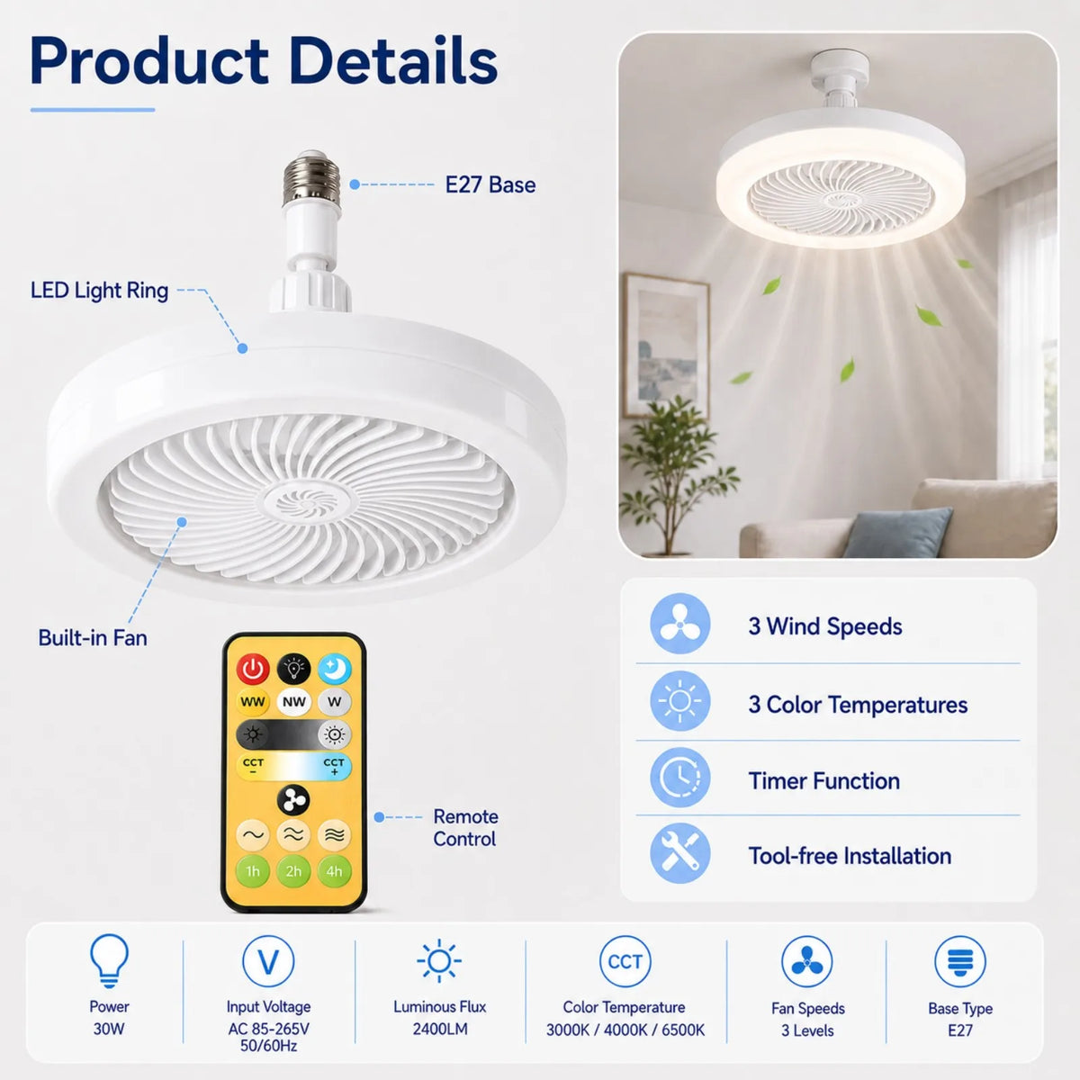 ventilateur plafonnier moderne lampe led blanc télécommande base e27 certification vde ul rohs