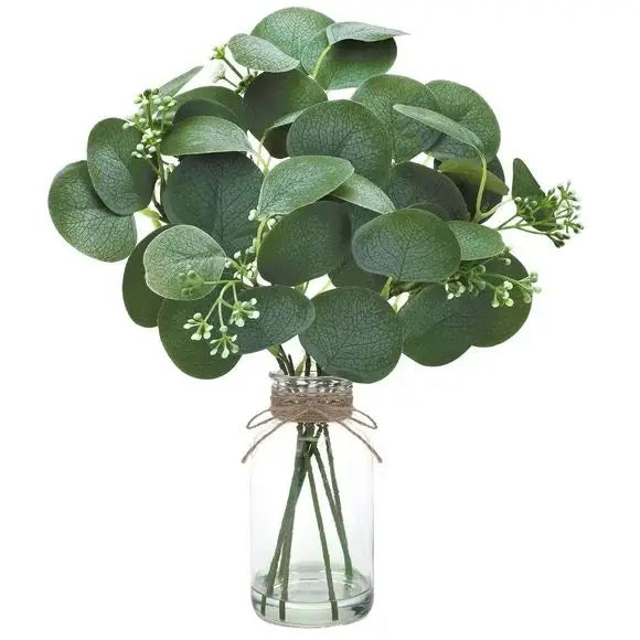 bouquet artificiel pivoines rose 30cm 5têtes 4bourgeons vert feuilles blanches moderne vase transparent