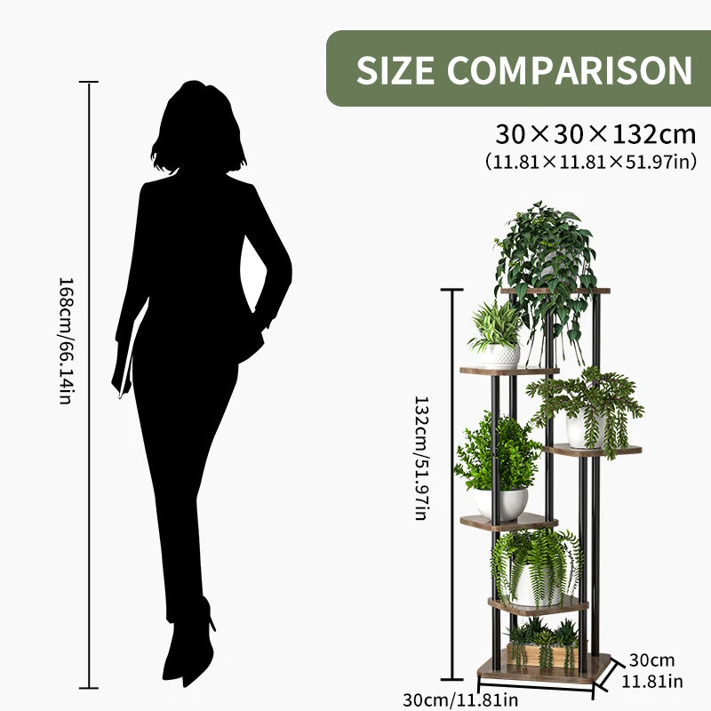 Détail de l'étagère à plantes montrant la structure en bois et les niveaux