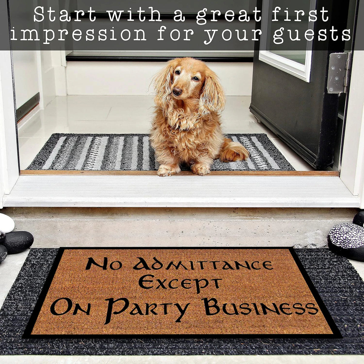 tapis d'entrée antidérapant marron lettrage noir bordure extérieur bain porte classic