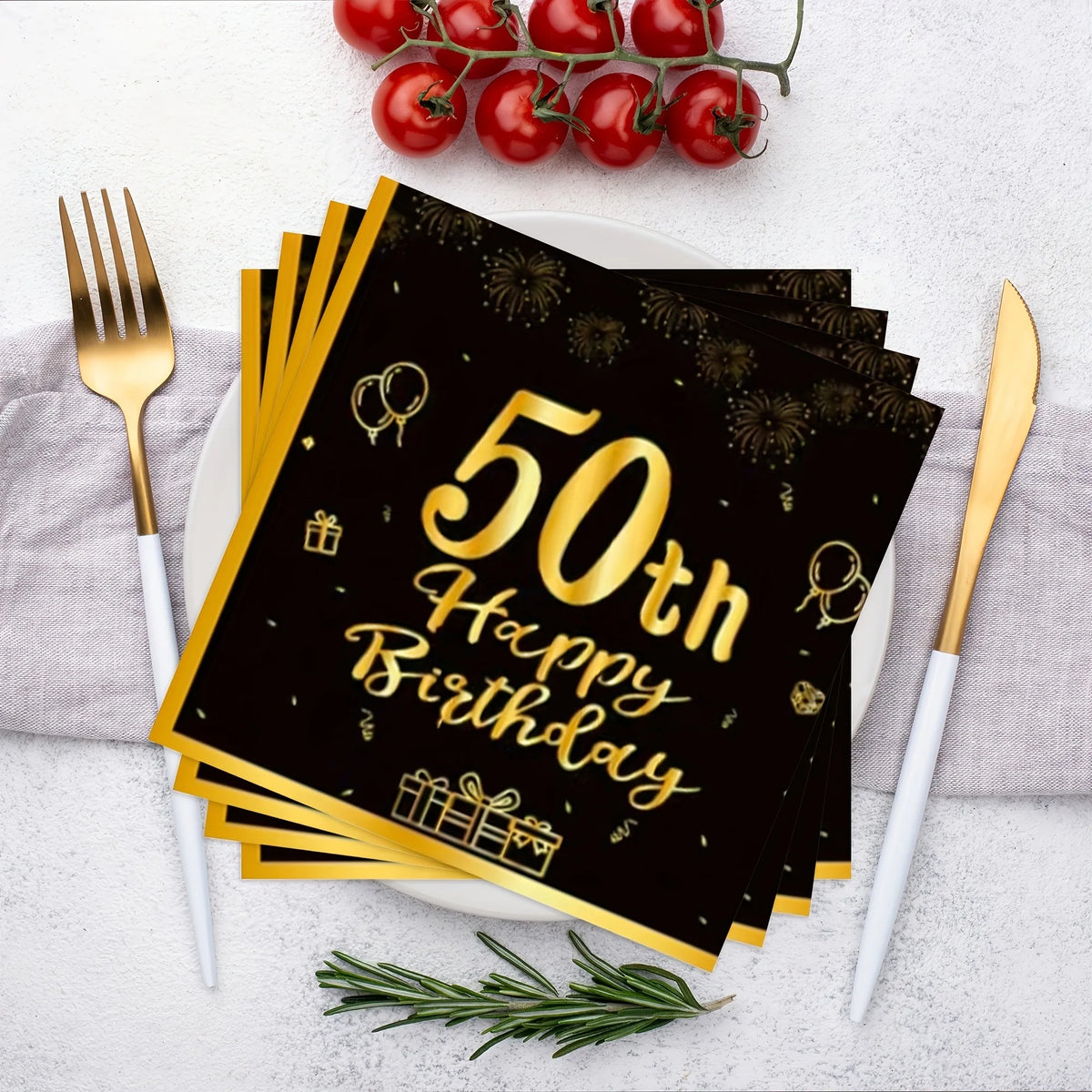 serviettes jetables anniversaire noires dorées ornementations élégantes fêtes confettis ballons cadeaux 20 pièces