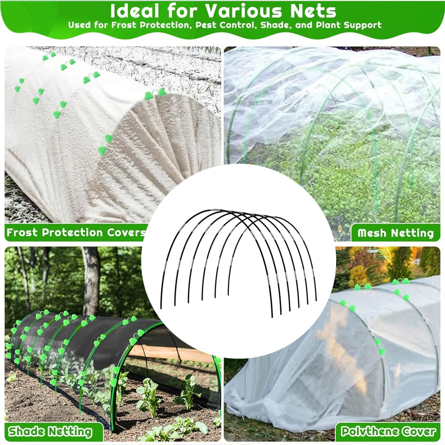 structures tunnel jardinage arceaux support plantes noir vert blanc transparent filets opaques clips verts