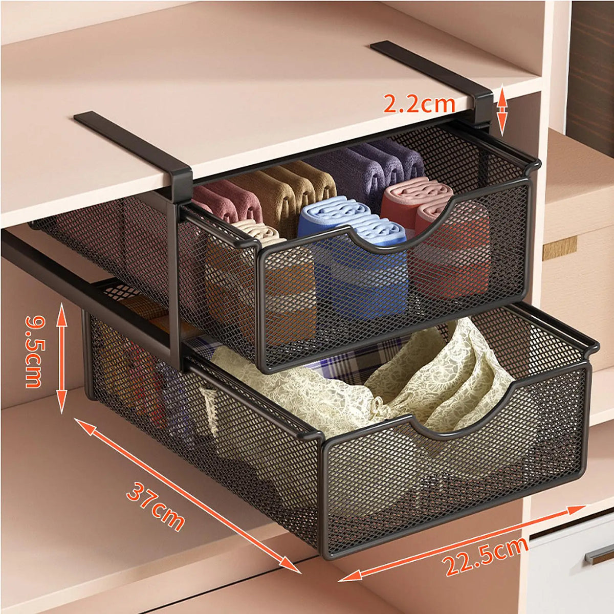 paniers rangement blanc noir maille métal coulissant clips sous armoire moderne économie place