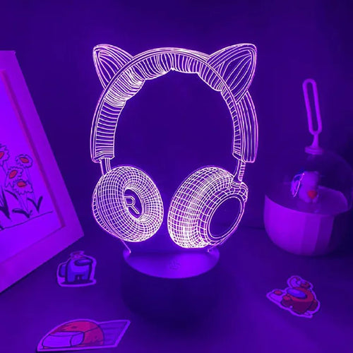 lampe led 3d casque audio oreilles chat veilleuse chambre enfant décoration lumineuse