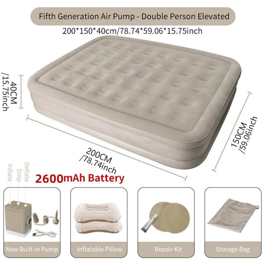 matelas gonflable beige texture mousse moderne pompe intégrée double taille grande capacité camping voyage