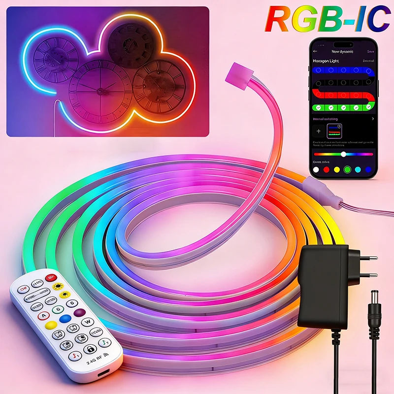ruban led néon multicolore flexible clips moderne télécommande application contrôle