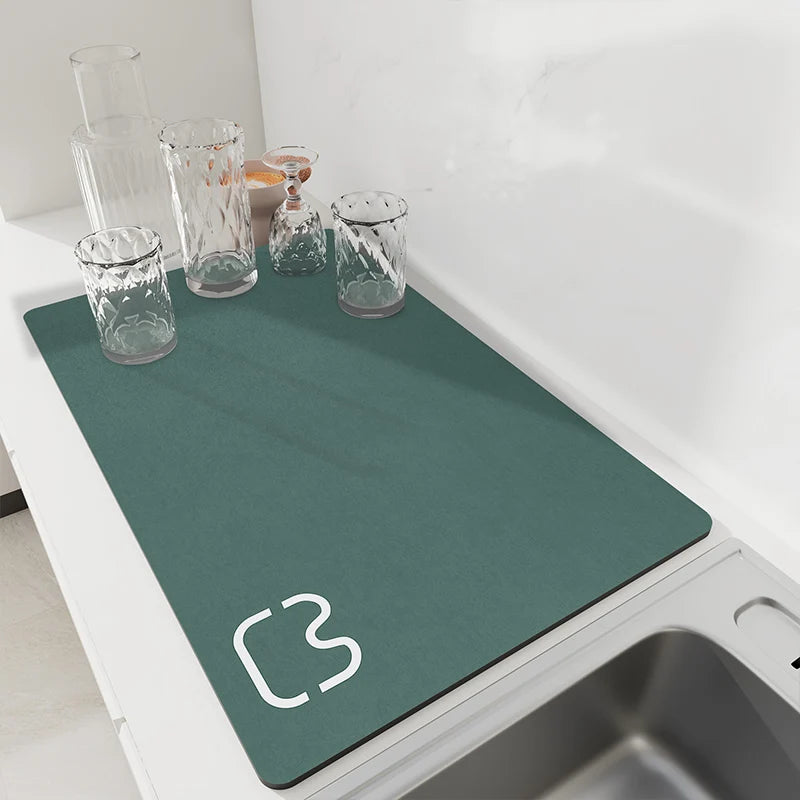 tapis cuisine absorbant diatomite marbre gris vert séchage vaisselle évacuation eau