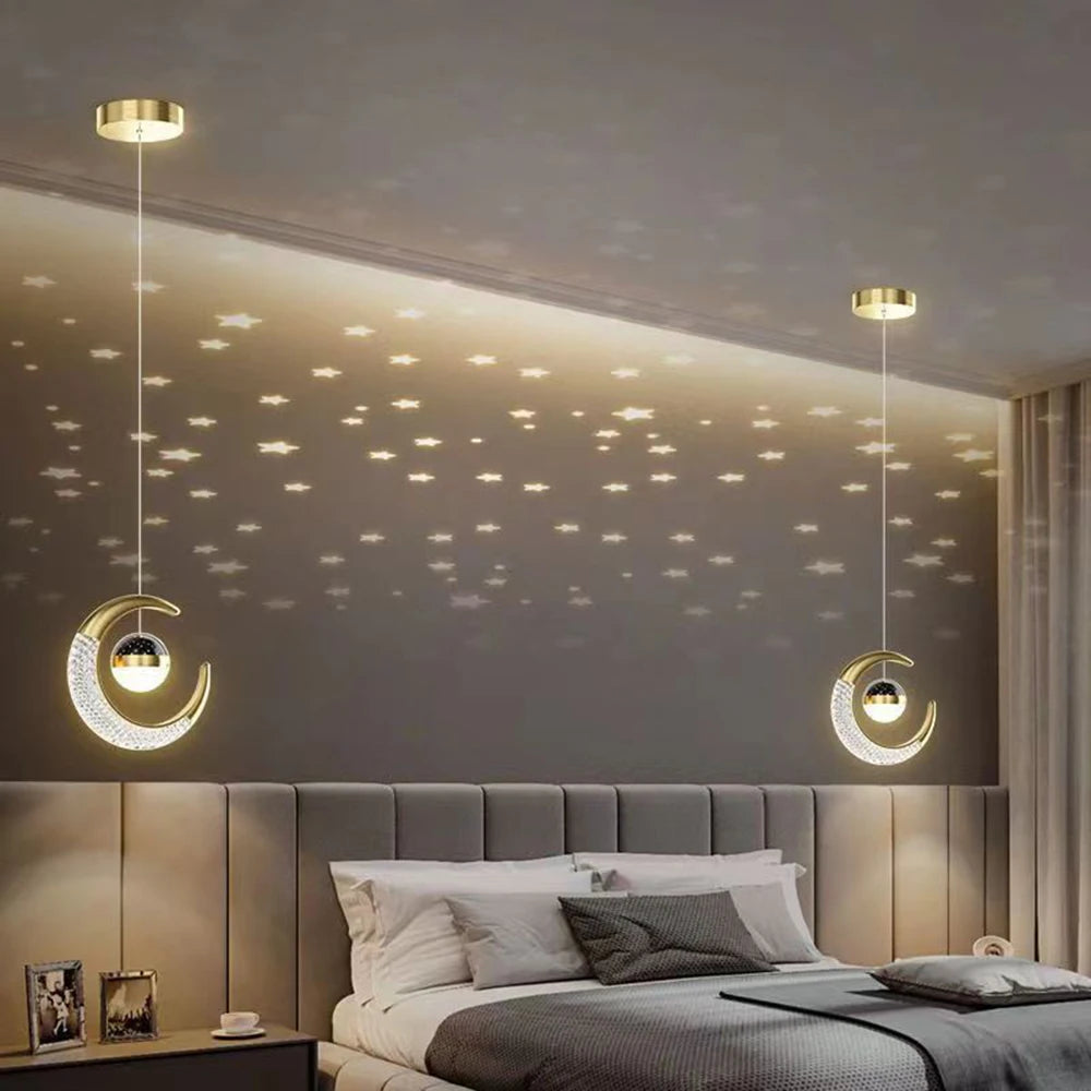 lampe suspendue moderne or noir étoiles croissant lune cristal spatial décoration chambre salon