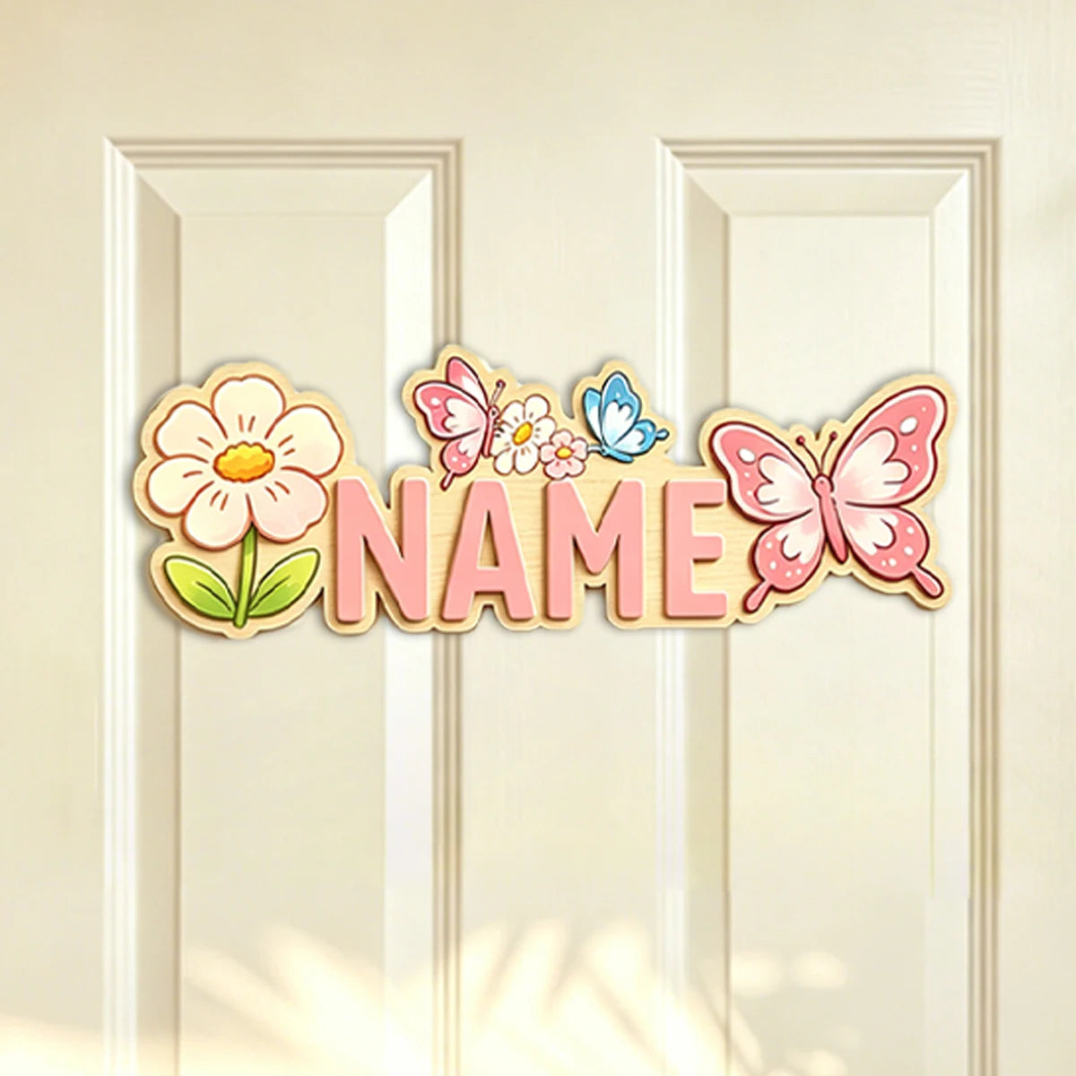 plaque porte personnalisable dessin animé fleurs papillons licorne verte bleue jaune rose