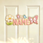 plaque porte personnalisable dessin animé fleurs papillons licorne verte bleue jaune rose