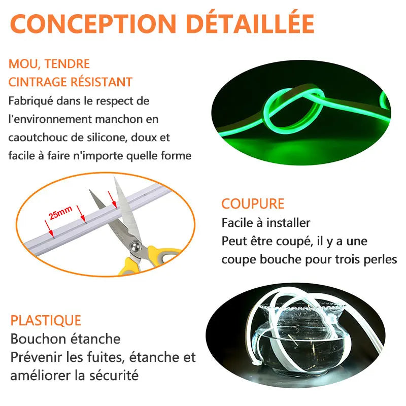 Ruban LED néon enroulé montrant sa flexibilité et longueur de 5m