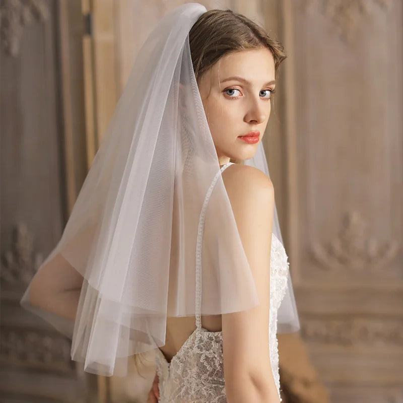 voile mariée deux couches polyester blanc classique élégant bord coupé translucide festive adult