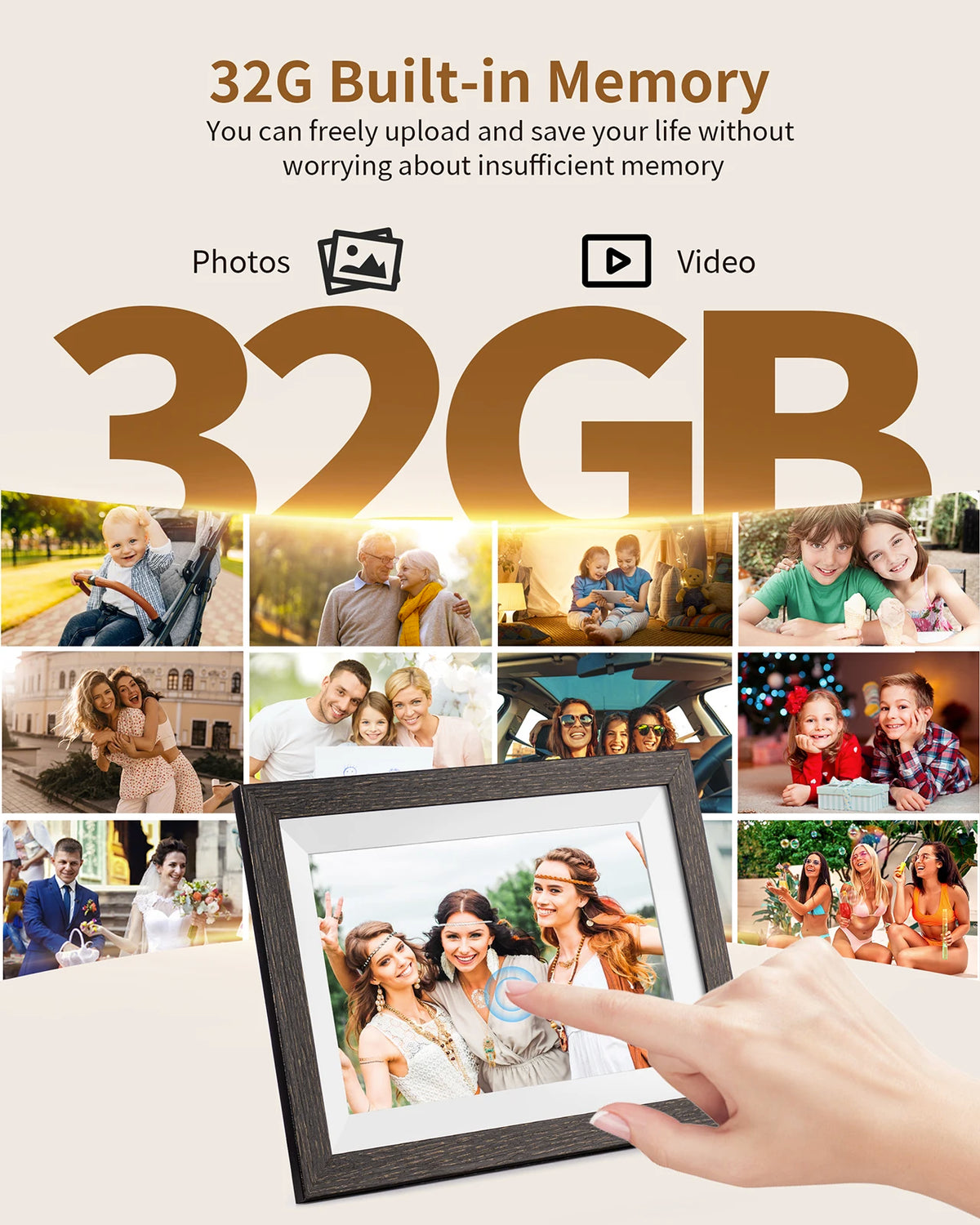 Cadre photo numérique écran tactile 1280x800 32Go Wi Fi résolution haute qualité bois minimalisteécran