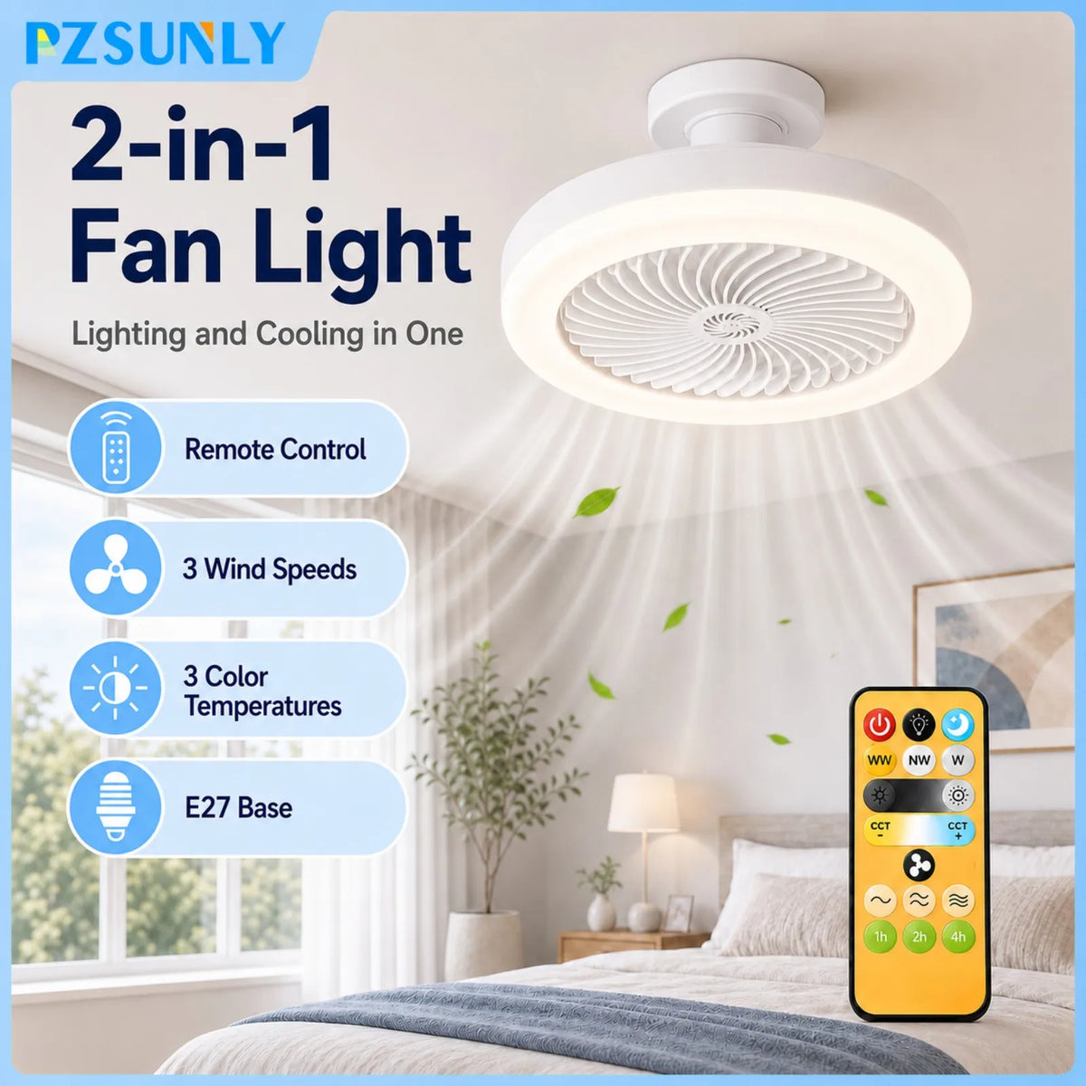 ventilateur moderne lampe led blanc télécommande variateur intensitéintérieur chambre salon