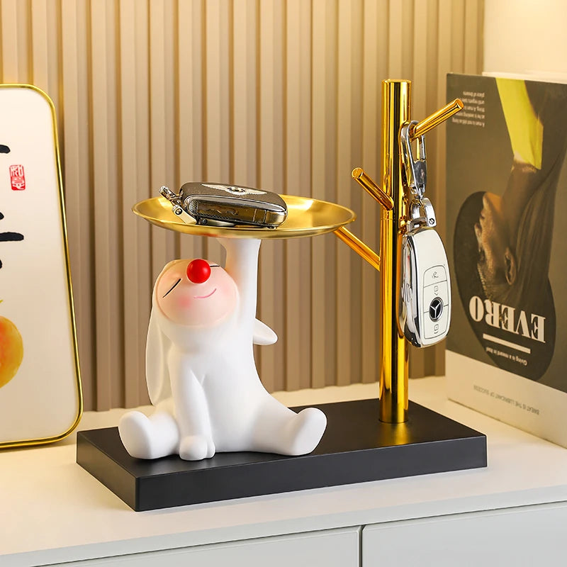 porte clés moderne figurine blanche oreilles tombantes plateau doré horloge digitale clé décoration table