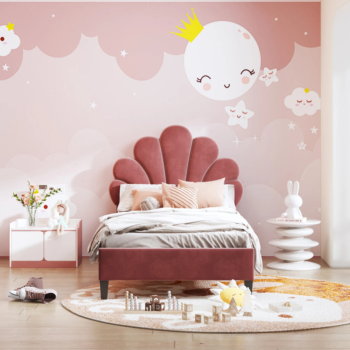 Lit enfant 90x200 en velours rose dans une chambre décorée