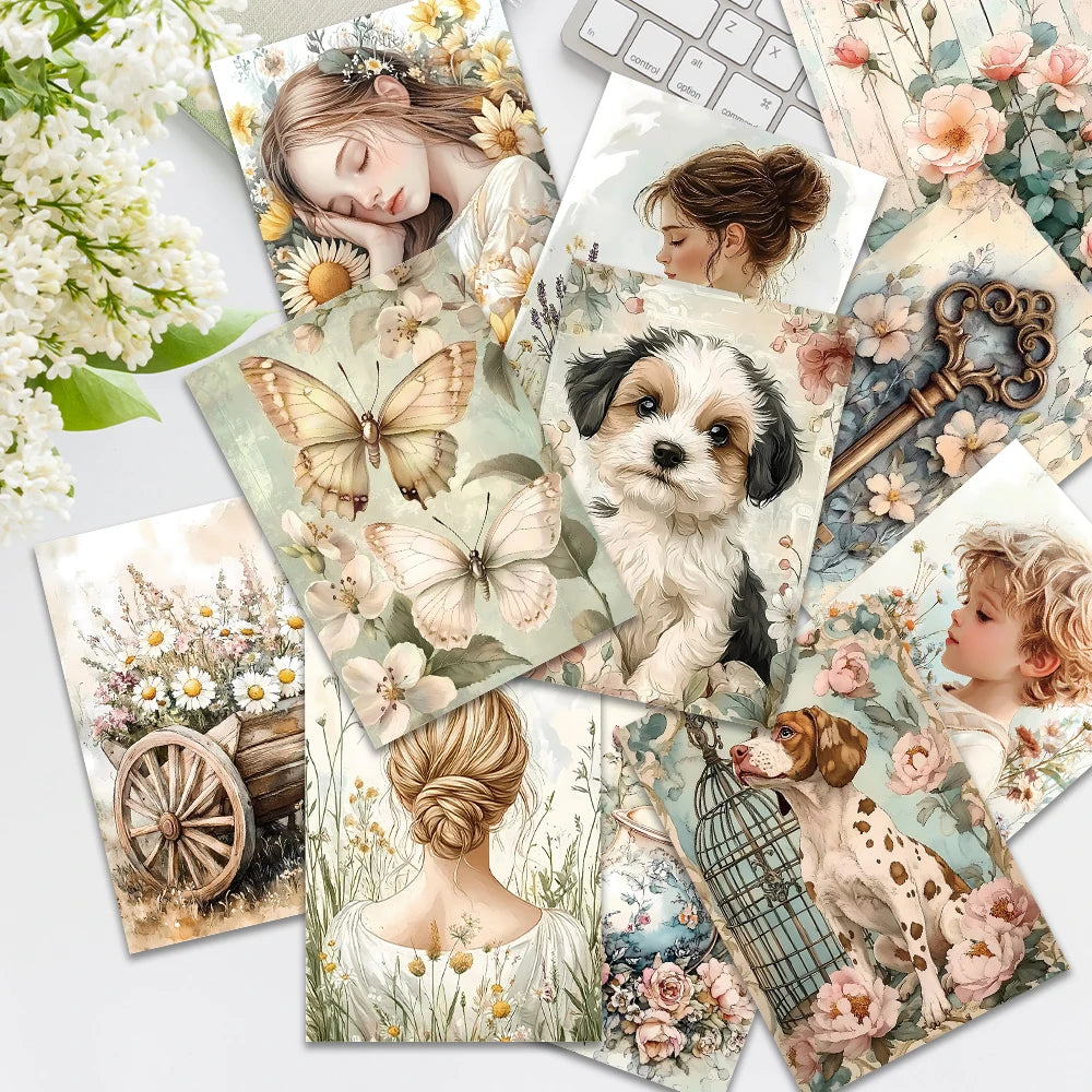 cartes postales vintage fleurs animaux romantiques clips pinces beige rose vert