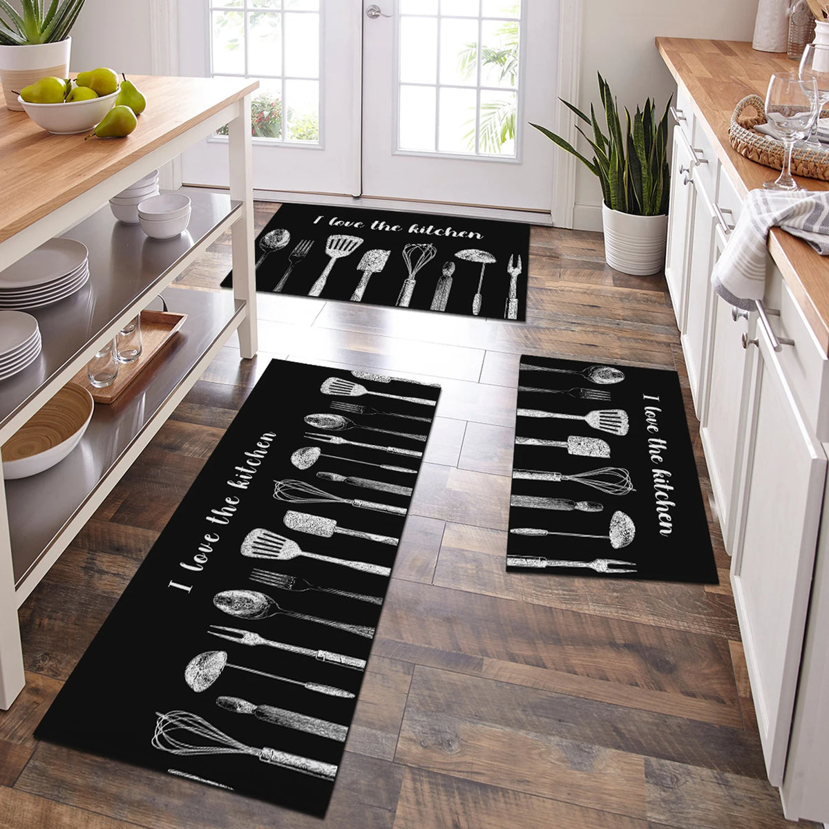 tapis cuisine antidérapant polyester marron bleu noir motif couverts moderneintérieurextérieurplage