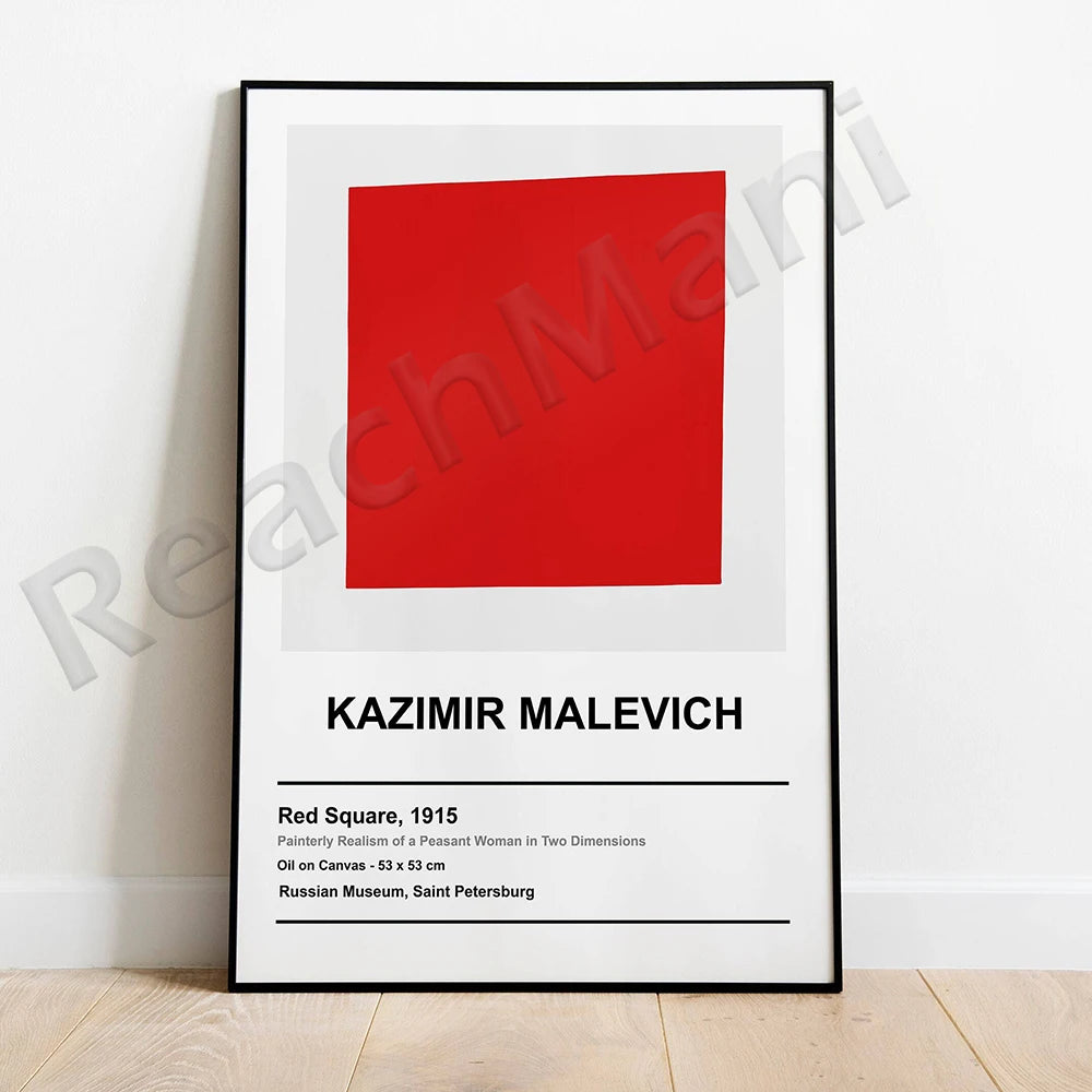 L'image présente un cadre noir avec une œuvre de Kazimir Malevitch intitulée "Red Square" datant de 1915. Cette peinture à l'huile sur toile représente un simple carré rouge sur fond blanc.