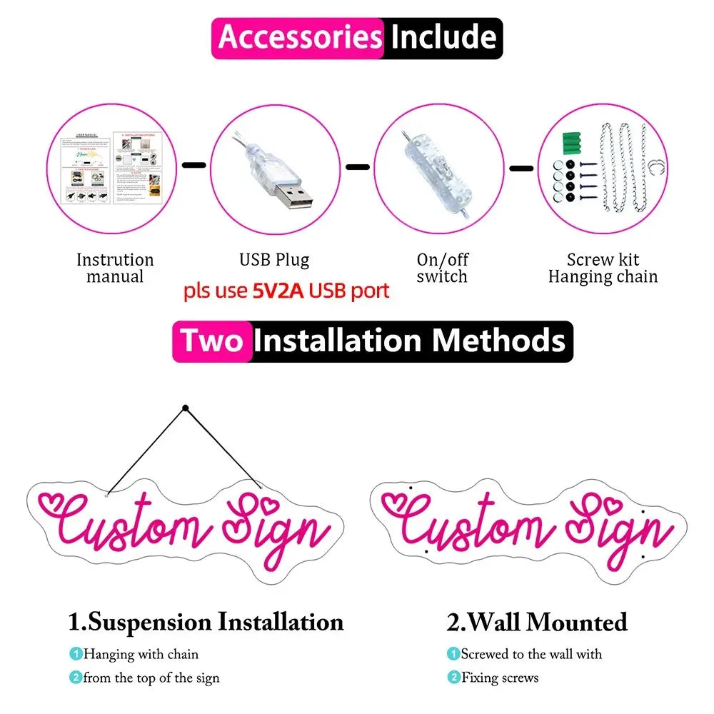 néon lumineux rouge vert texte stylé moderne décoration intérieure suspension kit vis prise usb