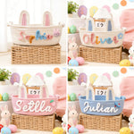 panier rangement tissu coton rose blanc bleu motif tresses décoratif enfant anneaux métalliques prénom