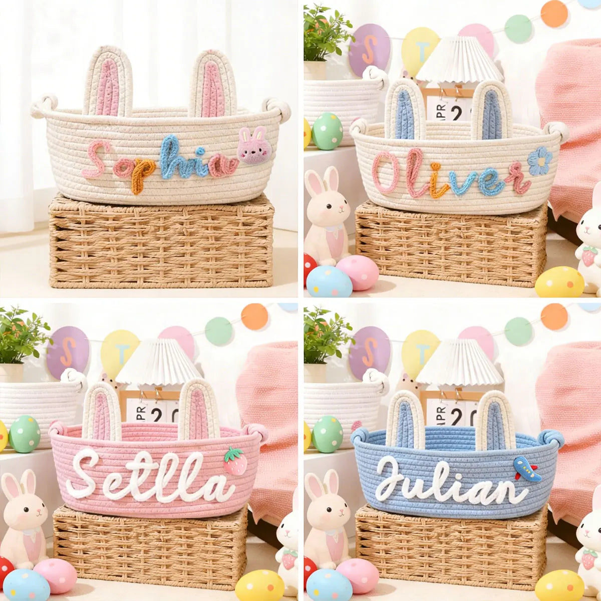 panier rangement tissu coton rose blanc bleu motif tresses décoratif enfant anneaux métalliques prénom