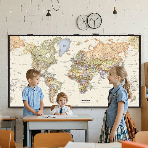 carte monde classique détaillée fond vinyle rétro décoration murale taille 150x225cm