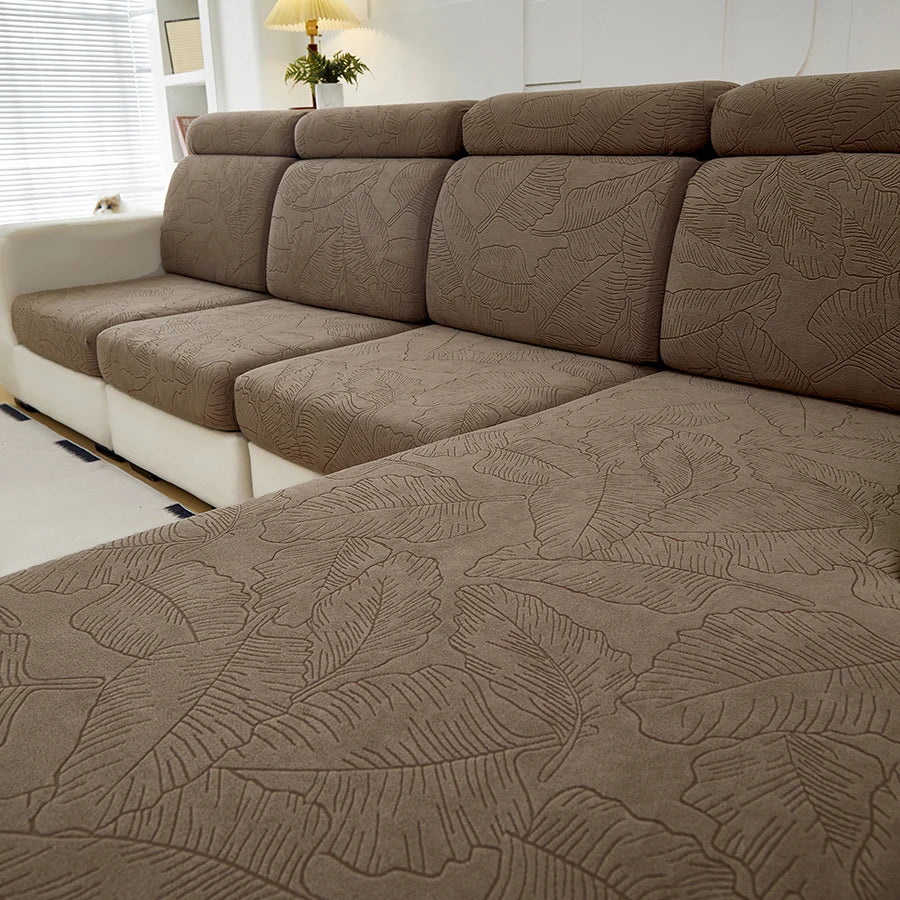 housse canapé moderne marron beige motif feuilles jacquard protection salon élastique lavable machine
