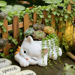pot fleurs forme chat blanc vert nœud papillon succulentes diverses pierres décoratives jardinage mignon