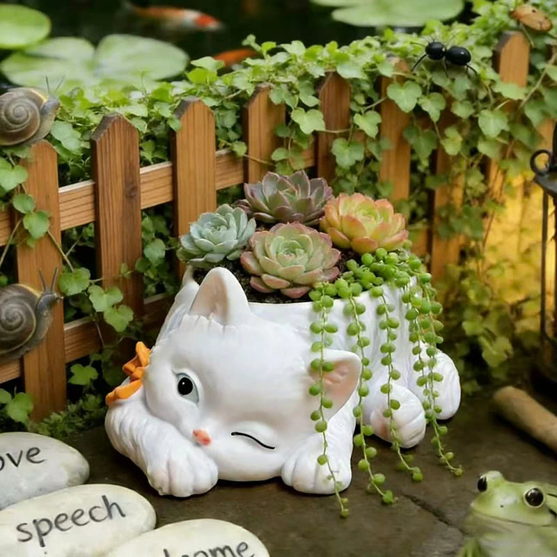 pot fleurs forme chat blanc vert nœud papillon succulentes diverses pierres décoratives jardinage mignon