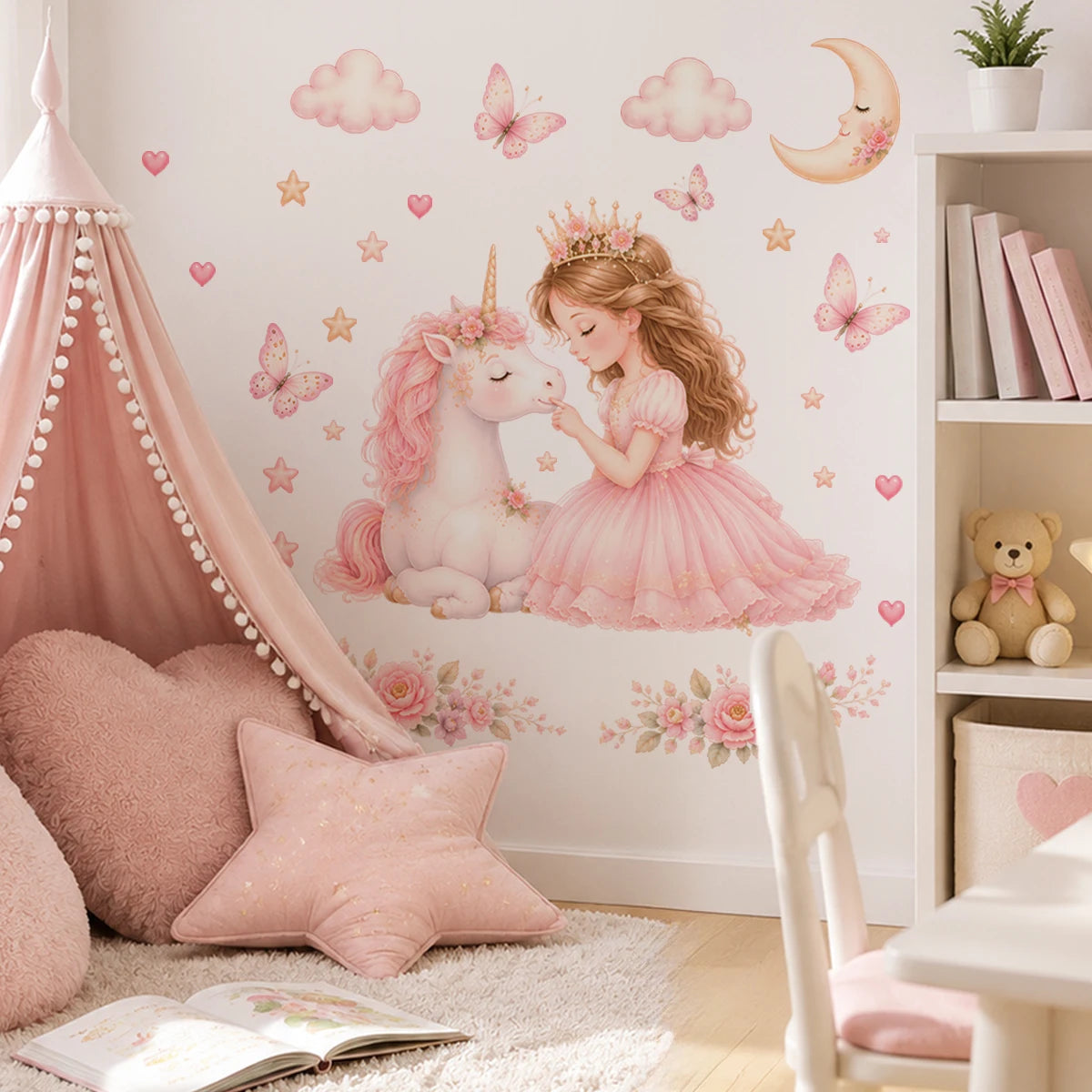 Stickers muraux princesse licorne rose blanc papillons coeurs fleurs nuages lune enfantin