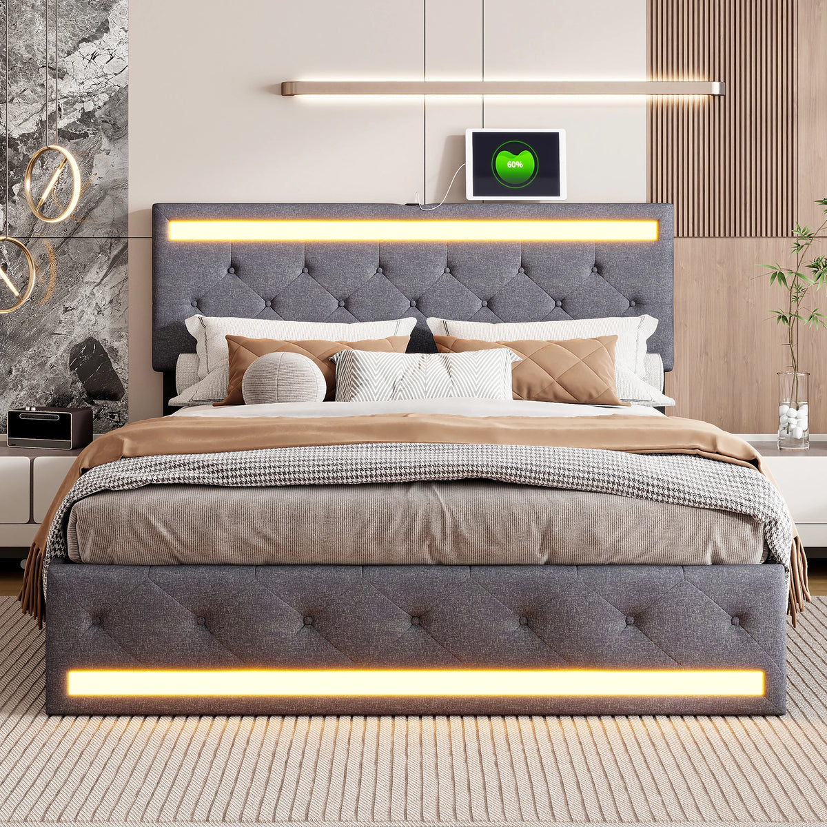 Détail de l'éclairage LED et des ports USB/Type-C sur la tête de lit